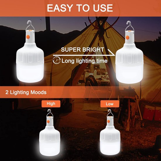 kampeerlantaarn - Stroomuitval noodverlichting - 2 stuks - Bulb USB lantaarn - 360 graden verlichting - Aanraakschakelaar - 3 modi - 20w - Geen aansluiting nodig - Noodgeval door stroomuitval - Huis en Buiten - Oplaadweergavevermogen van Filosilent — afbeelding 2