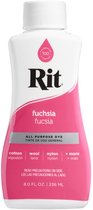 Flesje Rit All Purpose Dye in de kleur fuchsia, met tekst die aangeeft dat het geschikt is voor katoen, wol en nylon.