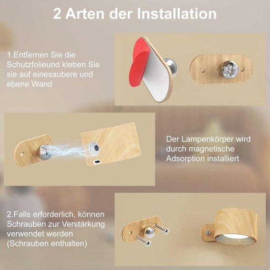 Nachtlampje - Wandlamp binnen - Oplaadbare wandlamp - Nachtlampje kinderen - Wandlamp met batterij 1 stuk - Touch control 3 helderheidsniveaus - 360° draaibaar - Voor woonkamer-Slaapkamer-Trap - Houtnerf van Merkloos — afbeelding 3