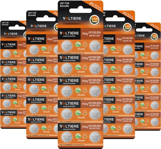 Vijf verpakkingen Voltière LR1130 65mAh knoopcelbatterijen op een oranje achtergrond.