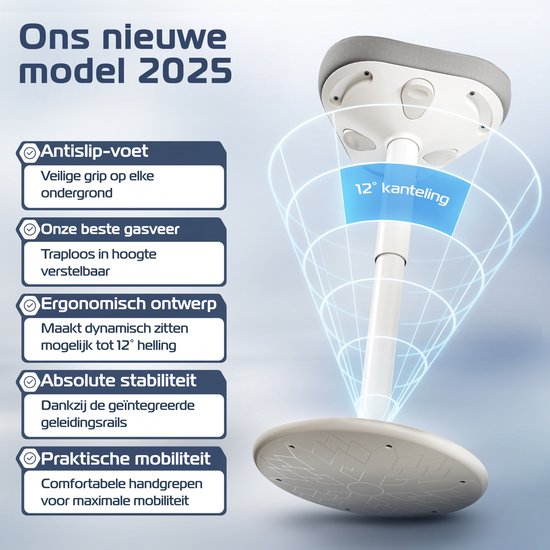 Een witte, ergonomische zadelkruk met een grijze zitting, 12° kanteling en antislipvoet.