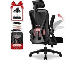 Hiaonyx bureaustoel – ergonomische bureaustoel voor volwassenen - Opklapbare armleuningen – 4D lendensteun – Vergrendelbare rugleuning – met Stille wielen – Max. kanteling 135° – Zwart