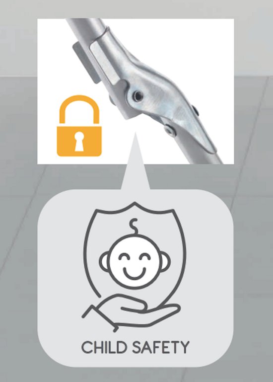 Iconen voor kinderveiligheid met een schild en baby, en een vergrendeld scharnier.