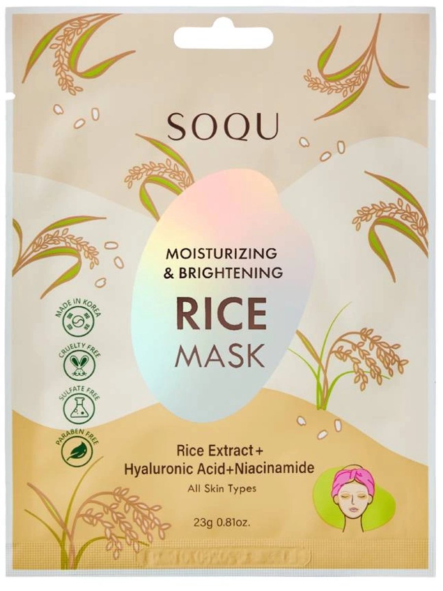 Soqu Hydraterend en Verhelderend Rijstmasker / Hydraterend en verhelderend bladmasker met rijst voor het gezicht 1 stuk