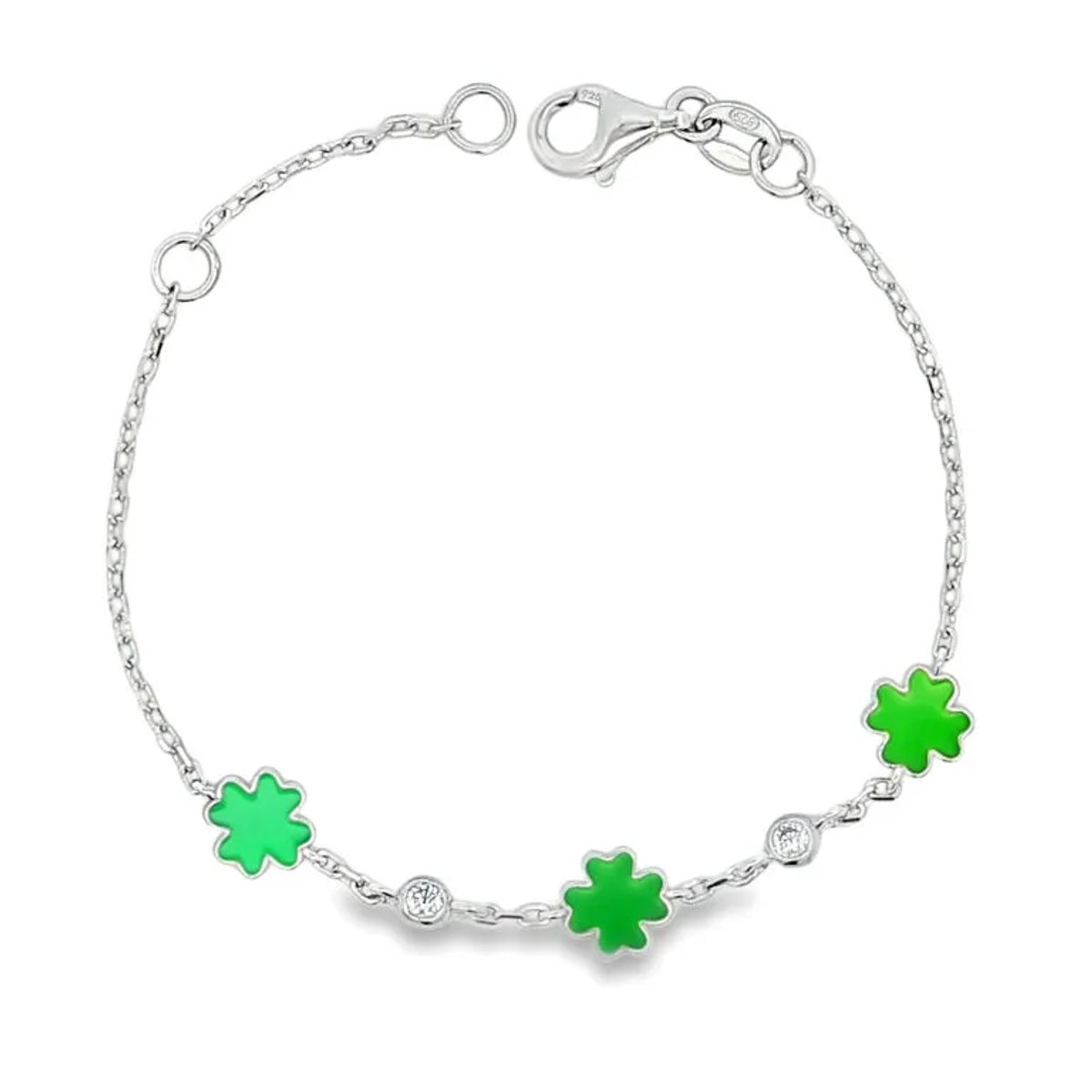 Juwelier Emo - Zilveren Kinderarmband met groene klavers 13-15CM