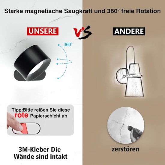 Lamp - Wandlamp binnen - LED wandlamp - Nachtlampje volwassenen - Wandlamp met batterij 1 stuk - Touch control 3 helderheidsniveaus - 360° draaibaar - Voor woonkamer-Slaapkamer-Trap - Zwart van Merkloos — afbeelding 5