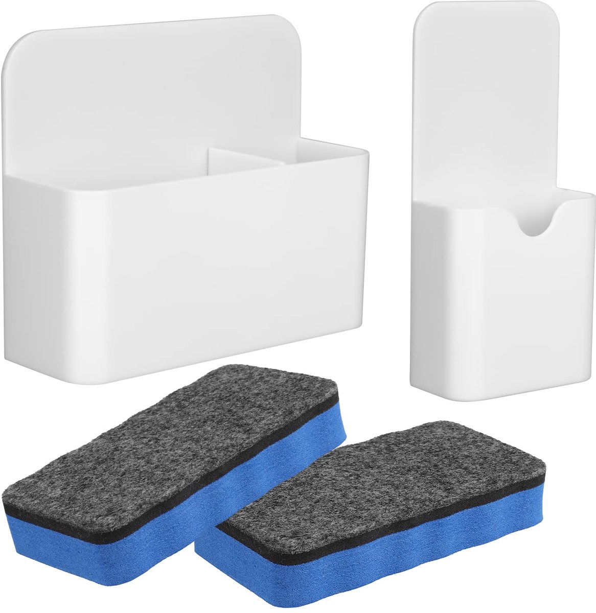Magnetische Pennenhouder - Set van 2 stuks - Inclusief 2 stuks Magnetische Whiteboard Gummen - Voor Whiteboard, Koelkast, Locker, School & Kantoor - Wit
