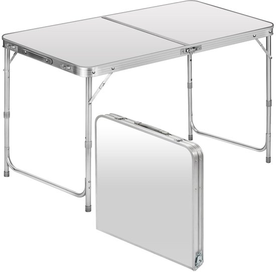 Opvouwbare aluminium tafel met verstelbare poten, getoond in uitgevouwen en gesloten toestand.