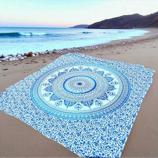 Foto: Super dun strandkleed dun strandlaken ruimtebesparend in je koffer blauw wit mandala kleed yoga kleed wandkleed zomer sprei 210x220