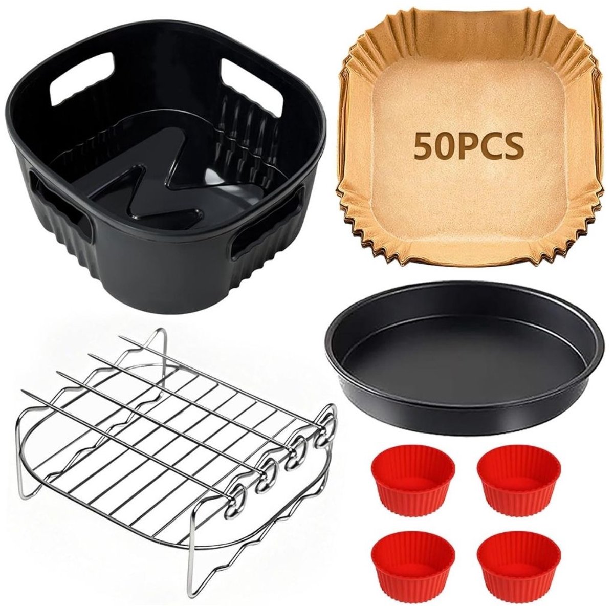 CLVP® Airfryer Accessoires - Bakpapier - Siliconen Bakje - Mand - Spatels - Oven Rek