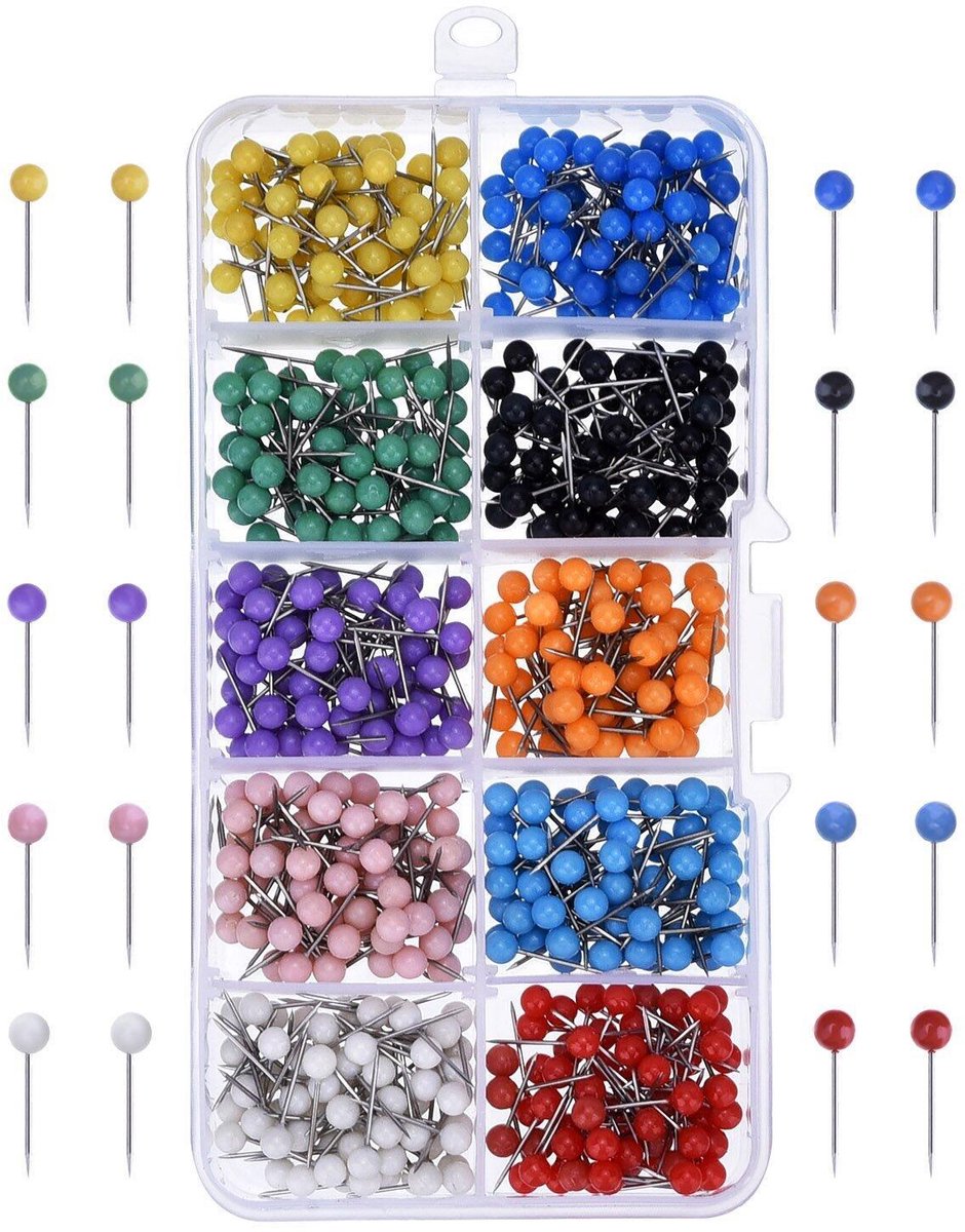 OUYLAF knopspelden - kopspelden - gekleurde kopspelden - punaises - naaispelden -1.5cm - 1000x stuks - voor prikbord, prikbord, prikbord, wereldkaart