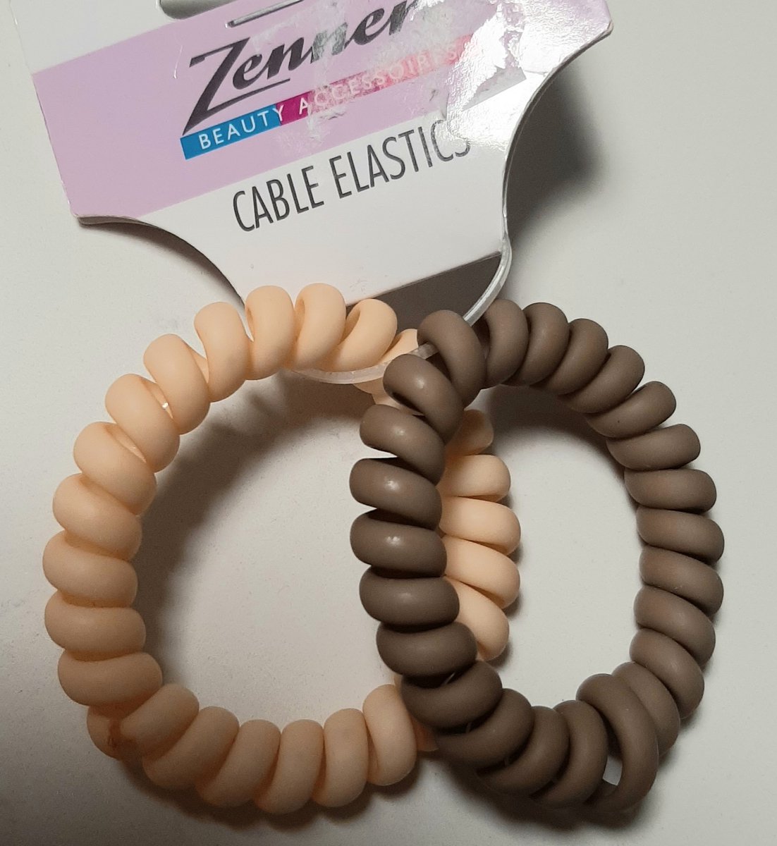 Zenner cable elastics - 2 medium spiraal elastiekjes - haarelastiekjes medium 5cm - bruin en pastel zalm oranje -