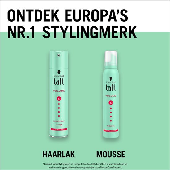 Mintgroene spuitbus Taft Volume haarspray en mousse, "Ontdek Europa's Nr. 1 Stylingmerk".