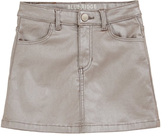 Grijze metallic A-lijn rok met vijf zakken en een knoopsluiting.