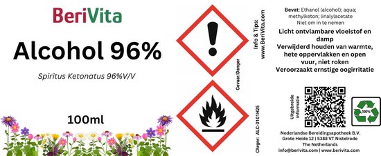 Fles met het label BoriVita Alcohol 96%, Spiritus Ketonatus 96% V/V, 100ml. Met gevaarsymbolen.