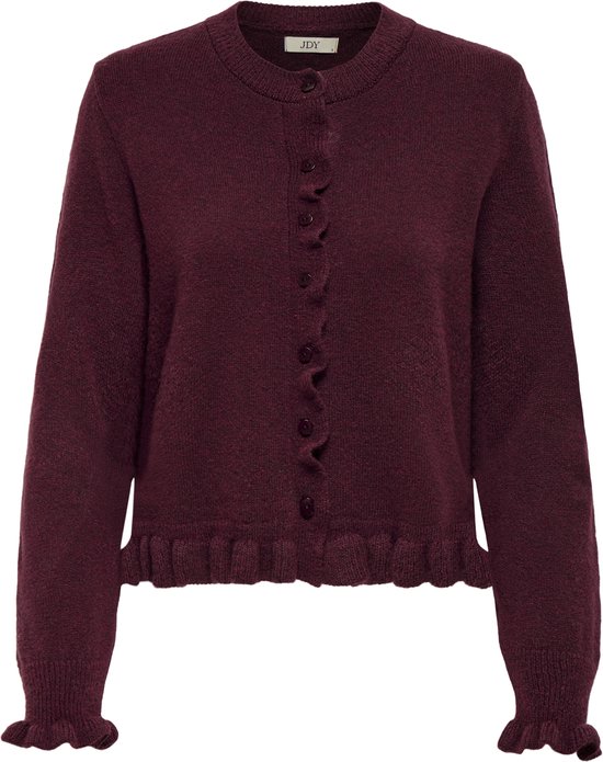 Cardigan bordeaux en maille avec col rond, patte de boutonnage à volants, volants à l'ourlet et aux manches.