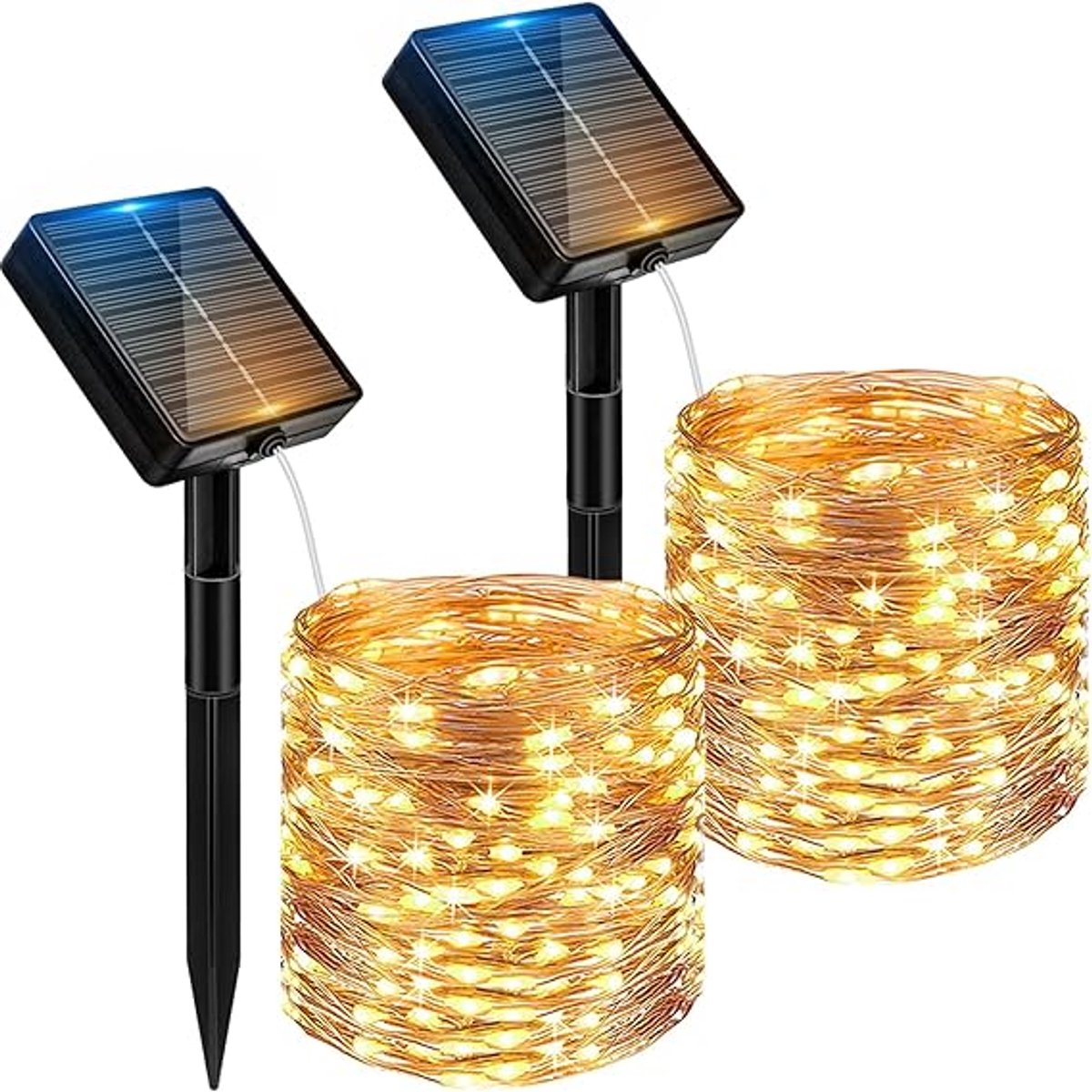 kerstverlichting buiten met zonnepaneel – 2 draadlampjes van 12 meter (24m totaal) – 8 lichtstanden – Tuin- & feestverlichting – Waterdicht IP65