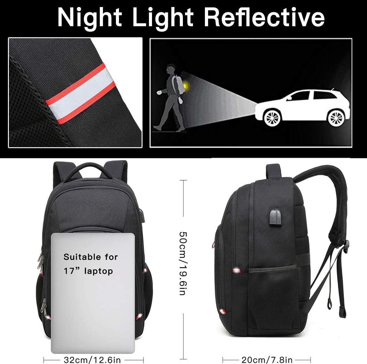 Lichtgewicht Laptoprugzak voor School en Reizen - Waterdichte Backpack met USB Oplaadpoort - 15.6 Inch Laptopvak Zwart – foto 4