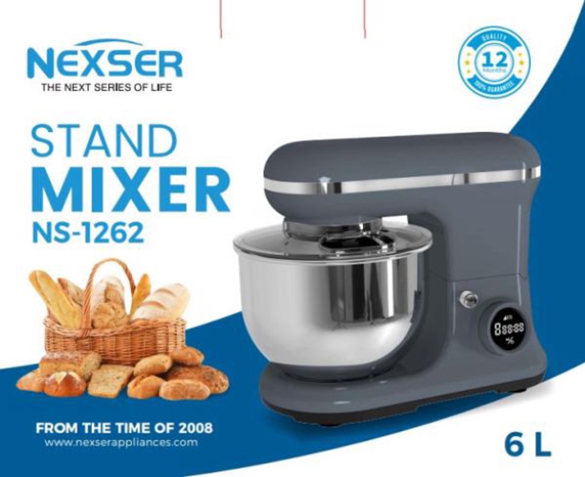 6L Professionele Stand Mixer – 1200W Elektrische Deegmixer met RVS Mengkom – 6 Snelheden voor Brood, Taart & Beslag