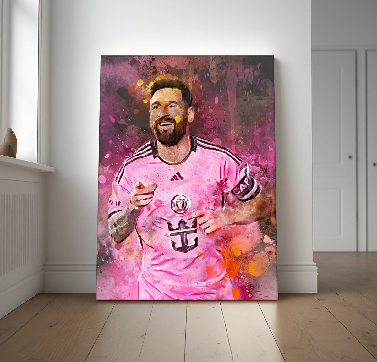 Wallofprints Voetbalposter A3 formaat - Lionel Messi poster - 29.7 x 42 cm - Unieke waterverfstijl poster van Lionel Messi in het Argentijnse tenue Donkergrijze achtergrondkleur