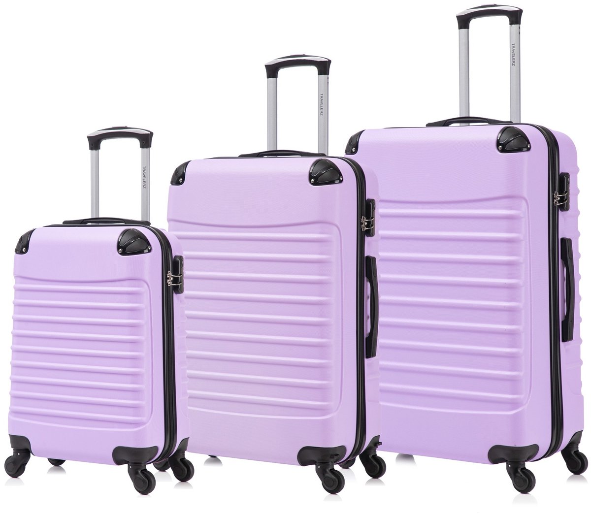 Travelerz Rome Kofferset 3-Delig – Handbagage 39L + Large 69L + Extra Large 95L – Lichtgewicht ABS – Spinner Wielen – Licht Paars – Met Cijferslot