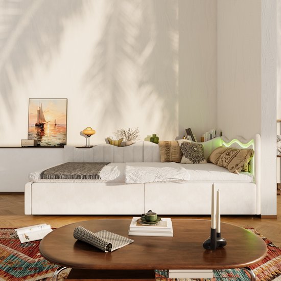 Modern jeugdbed 90x200cm, gestoffeerd bed, kinderbed met lattenbodem en opbergruimte, led-verlichtingsbed met lattenbodem, fluwelen stof, eenpersoonsbed voor jongens en meisjes, zonder matras (verzonden in twee pakketten)