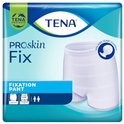 Verpakking TENA ProSkin Fix Fixatiebroek. Een witte slip met blauwe strepen bovenaan.