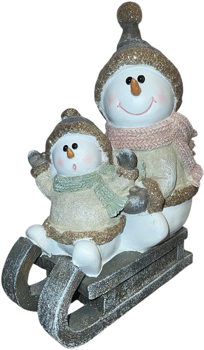 Beeld - Twee sneeuwpoppen op een slee - Met glitter - 19x28x8 cm - Sneeuw - Kerst - Sneeuwpop - Slee