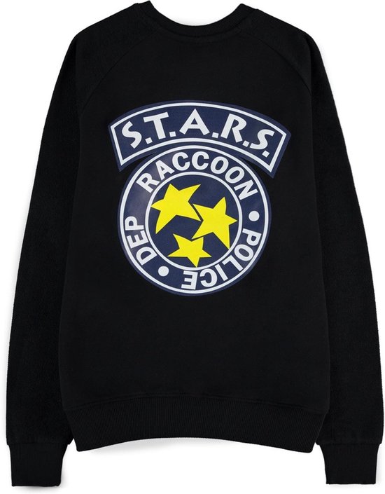 Zwarte trui met op de rug het S.T.A.R.S. Raccoon Police logo in blauw en geel.