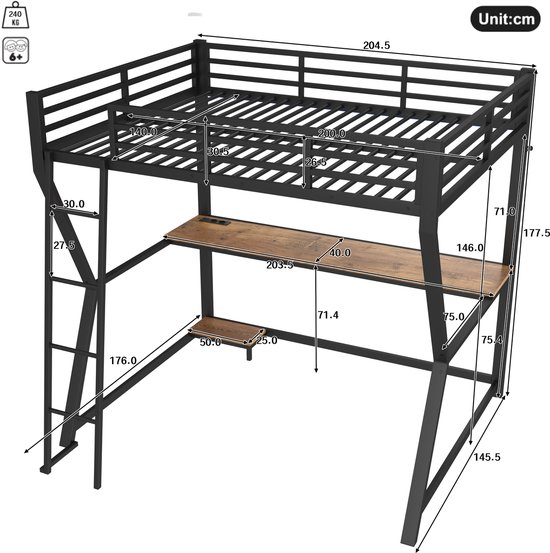 Lit mezzanine 140x200cm - avec éclairage LED- support console ordinateur - bureau - connexion USB - sans matelas - noir