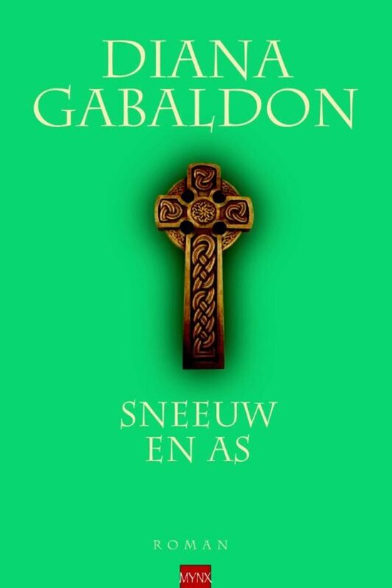 Diana Gabaldon's "Sneeuw en As" roman, met een gouden Keltisch kruis met vlechtwerk op een groene achtergrond.