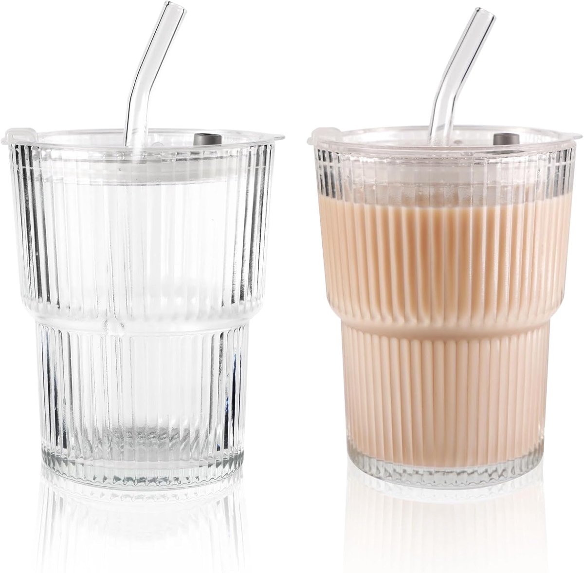 Set van 2 Glazen Bekers met Deksel & Rietje – 12 x 8,8 cm – Kristal Design – Voor Koude & Warme Dranken – Transparant