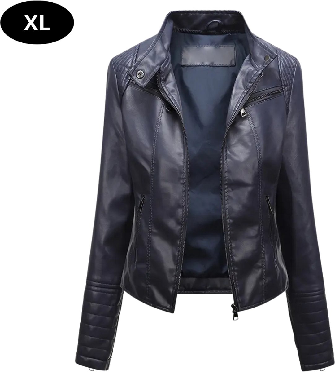 Nivard Kunst Leren Jas Leather Jacket Lederen Jas Bomberjack Pilotenjack Blazer Biker Motorjas Motormuis Dames Blauw