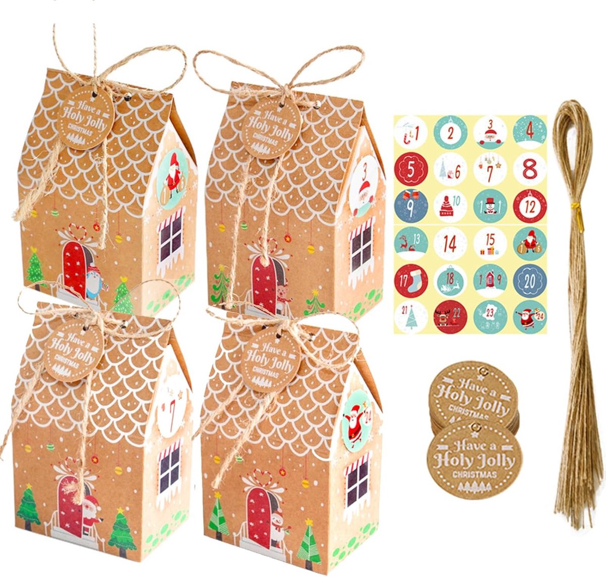 Kerstcadeauverpakking - Set van 24 kerstkoekhuisjes - Kleine kerst snoepdoosjes met stickers, kleine labels en touw - Kleine kraftpapieren feestartikelen en decoraties - Set van 24 - 4 stijlen