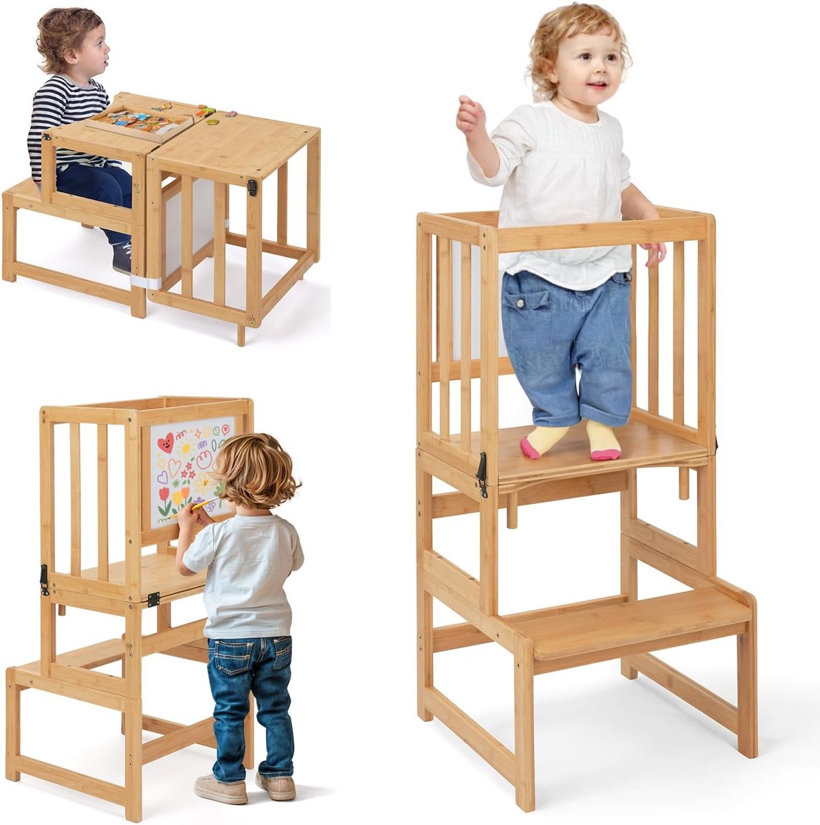 Image of 3-in-1 Bamboe Leertoren voor Kinderen – Opvouwbaar tot Kindertafel – Voor Keuken en Badkamer – Ideaal voor Peuters van 18 Maanden tot 6 Jaar