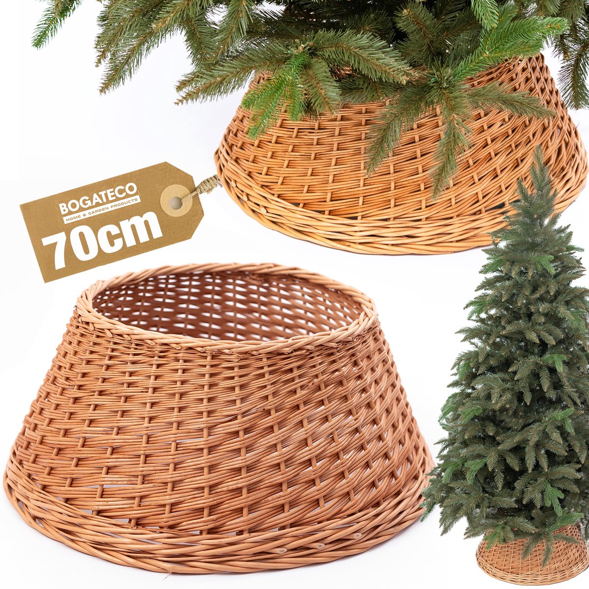 BOGATECO rieten mand voor de kerstboom 70 cm diameter | Kerstboomrok van wilgenhout | Kerstboommand | Naturelkleurige kerstboomstandaard van wilgenhout | Handgemaakt | Natuurlijk