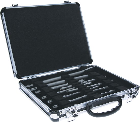 Open koffer met een set SDS Plus boren en beitels.
