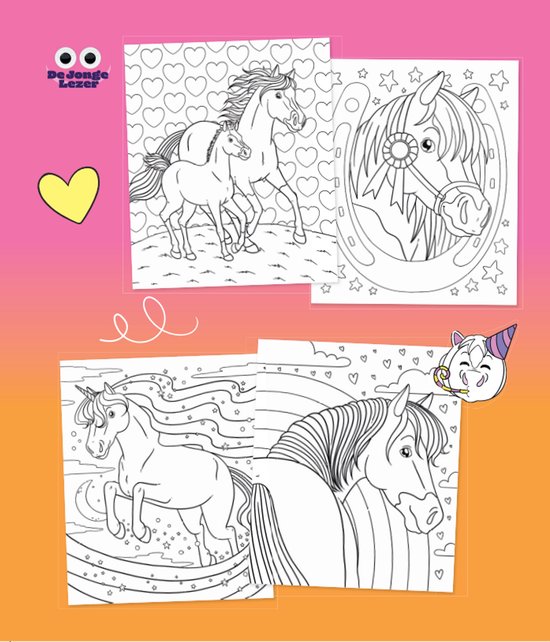 Collage van verschillende kleurplaten met paarden en eenhoorns, met de tekst 'De Jonge Lezer' en een hartje.