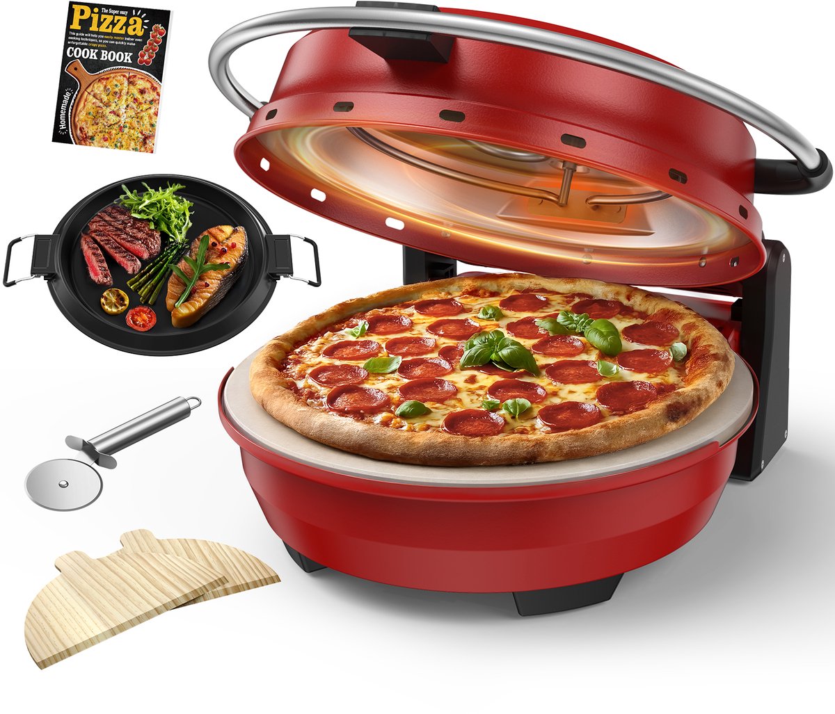 AIRMSEN 2-in-1 Elektrische Pizzaoven met Grillplaat thuis – 4 Min Pizza - 5 Temperatuurniveaus - 32cm Pizzasteen - Max 400°C - 1500W - Rood - Voor Thuis & Keuken