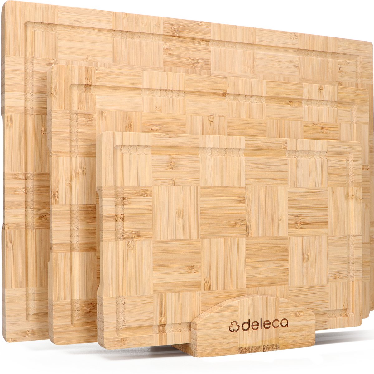 Deleca 3-Delige Snijplankenset met Houder (40x30 / 33x24 / 26x18 cm) - Voor Keuken, Snijplanken, Serveerplank, Kaasplank, Borrelplank en Tapasplank - Japandi Stijl - Snijplank Bamboe Hout