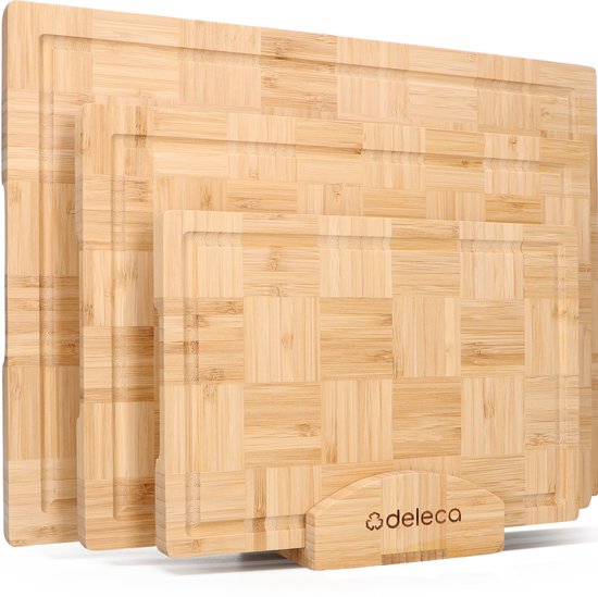 Deleca 3-Delige Snijplankenset met Houder (40x30 / 33x24 / 26x18 cm) - Voor Keuken, Snijplanken, Serveerplank, Kaasplank, Borrelplank en Tapasplank - Japandi Stijl - Snijplank Bamboe Hout