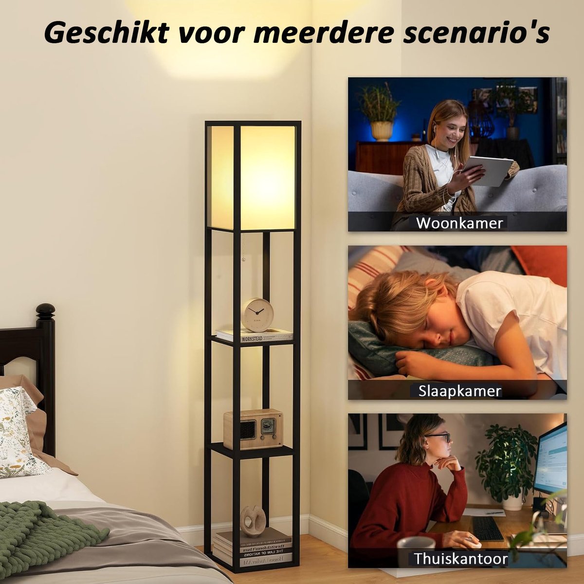 Puluomis- Vloerlamp - Staande lamp - Vloerlampen Woonkamer - Stalamp - Staande lampen woonkamer - Modern - 3-laags opbergrek - 160H x 26L x 26B cm - Zwart thumbnail 3