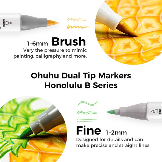 Detailweergave van de penseel- en fijne tips van Ohuhu Dual Tip Markers, Honolulu B Series.