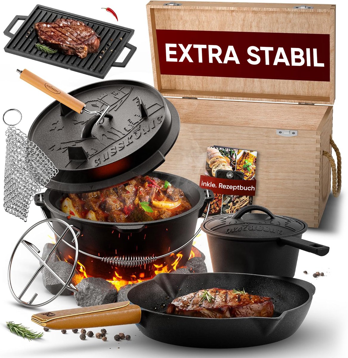 GUSSKÖNIG Dutch Oven set - Gietijzeren Dutch Oven – Ideaal om te bakken, grillen en stoven – 10 delig
