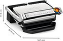 Tefal OptiGrill+ contactgrill in zilverkleurig metaal met zwarte accenten. Afmetingen 36,5 x 36,5 x 17,5 cm.