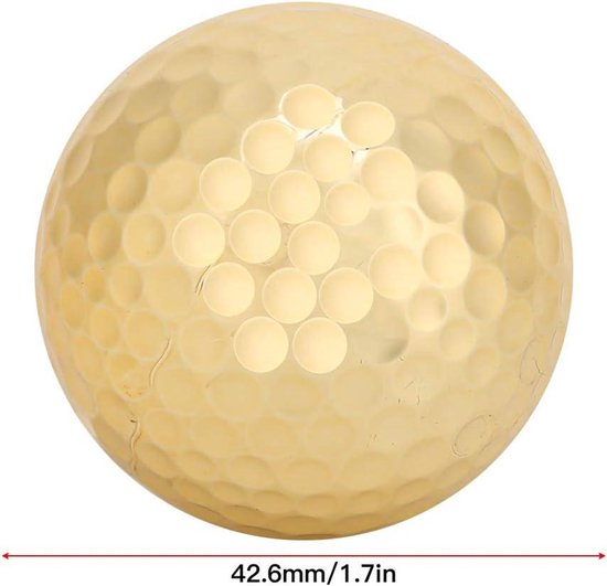 Een enkele gouden golfbal met kuiltjespatroon, met afmetingen 42.6mm/1.7in.