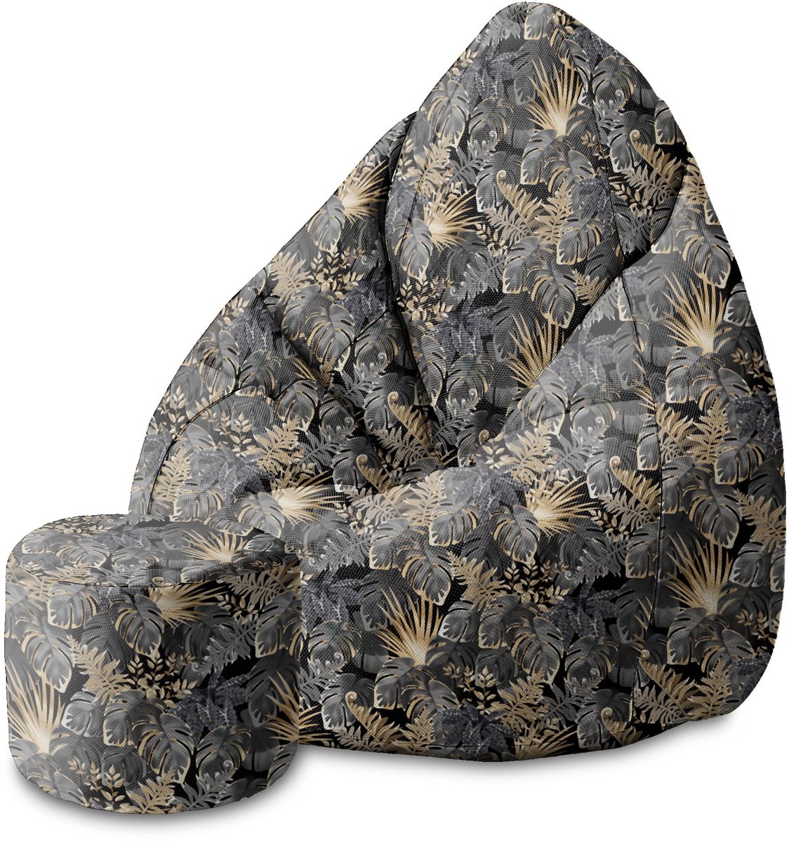 DreamRoots Velvet Zitzak voor Volwassenen – Luxe Beanbag met Voetsteun en Afneembare Hoes – Inclusief Vulling – 80x80x120 cm - Dark Tropical Plants