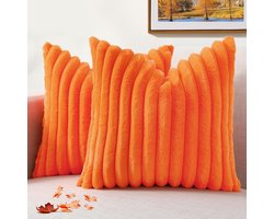 Faux Fur Fall Throw Pillow Covers 16 x 16 inch Set van 2, Decoratieve zachte pluche gestreepte neutrale bankkussenhoezen met fluwelen achterkant voor bank, bed, woonkamer, woondecoratie, oranje