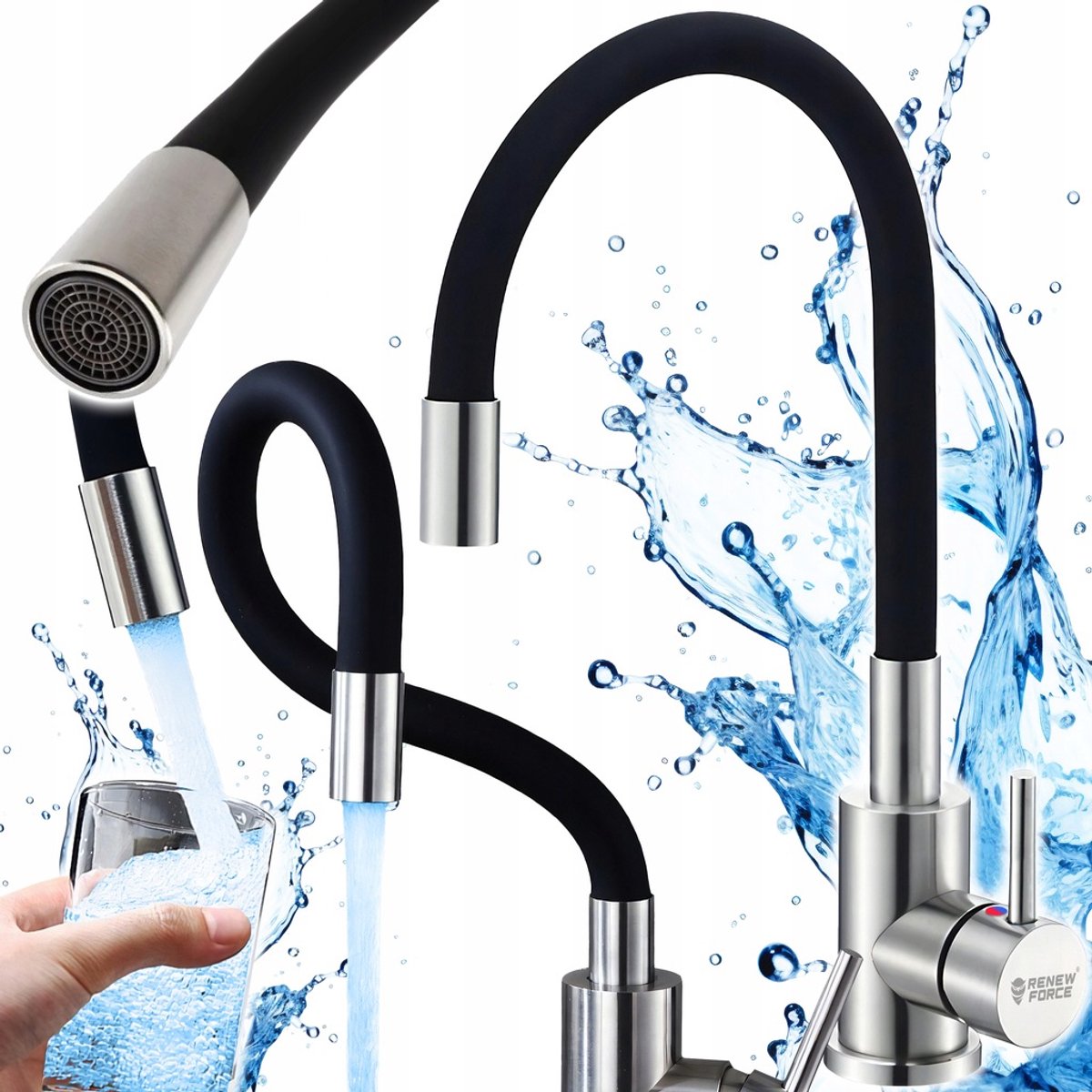 Flexibele Keukenkraan SP-FLEX-B5 – 360° Buigbare Uitloop – Matte Zwart/Zilver – 60cm – Met Aerator & Eéngreepsbediening