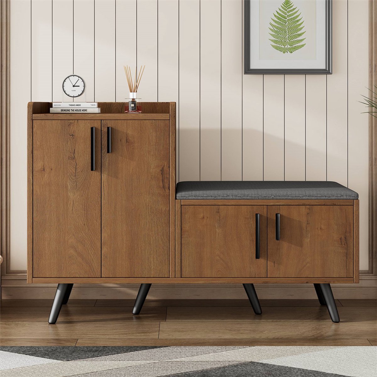 YEHTOKHOME Schoenenkast - vier opbergdeuren - metalen handgrepen - meerdere opbergvakken - schoenenbank met zitkussen - met anti-kipbeveiliging - natuurlijke - 120x34x82,8 cm